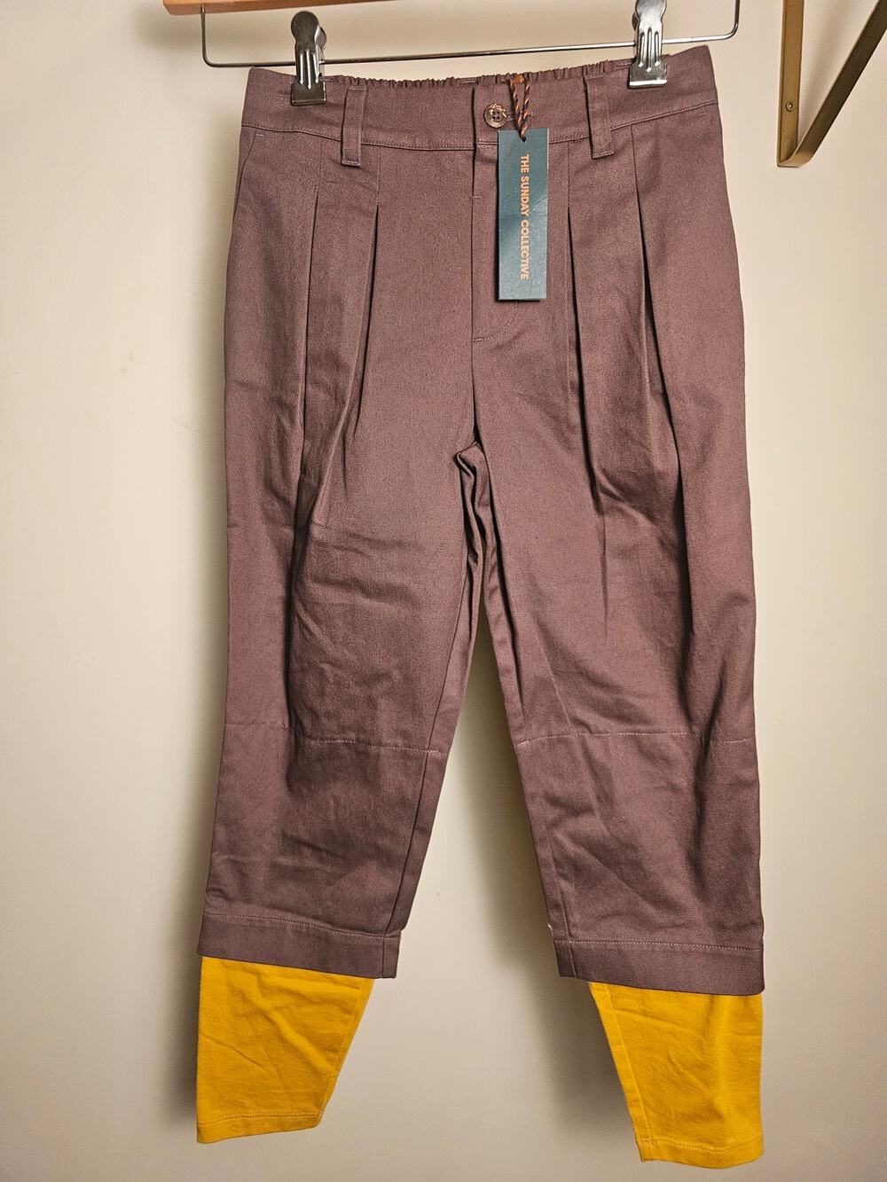 Sunday Collective 100% Cotton Color Block Brown and Mustard Pleated Trousers